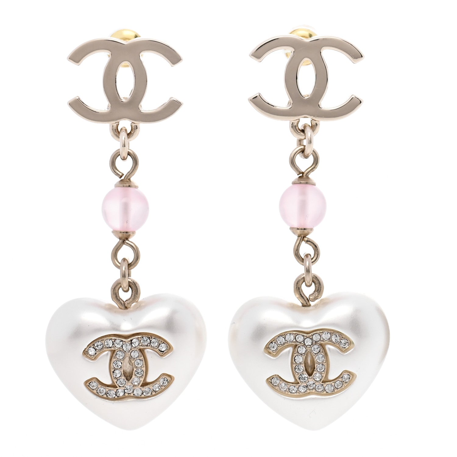 Chanel Metal Pearl Crystal Bead CC Heart Drop Earrings Pink Gold 1 of 5