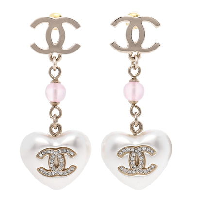 Chanel Metal Pearl Crystal Bead CC Heart Drop Earrings Pink Gold 1 of 5