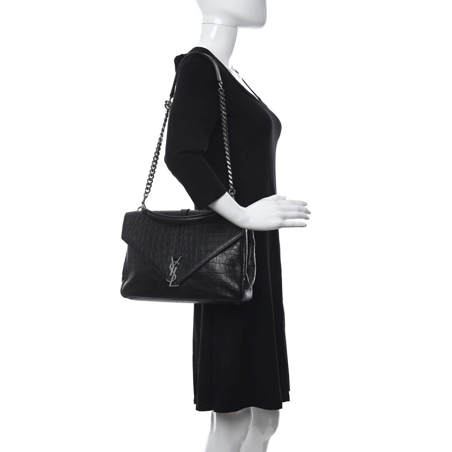 Saint Laurent Calfskin Crocodile Embossed Large College Monogram Satchel Black 2 of 12