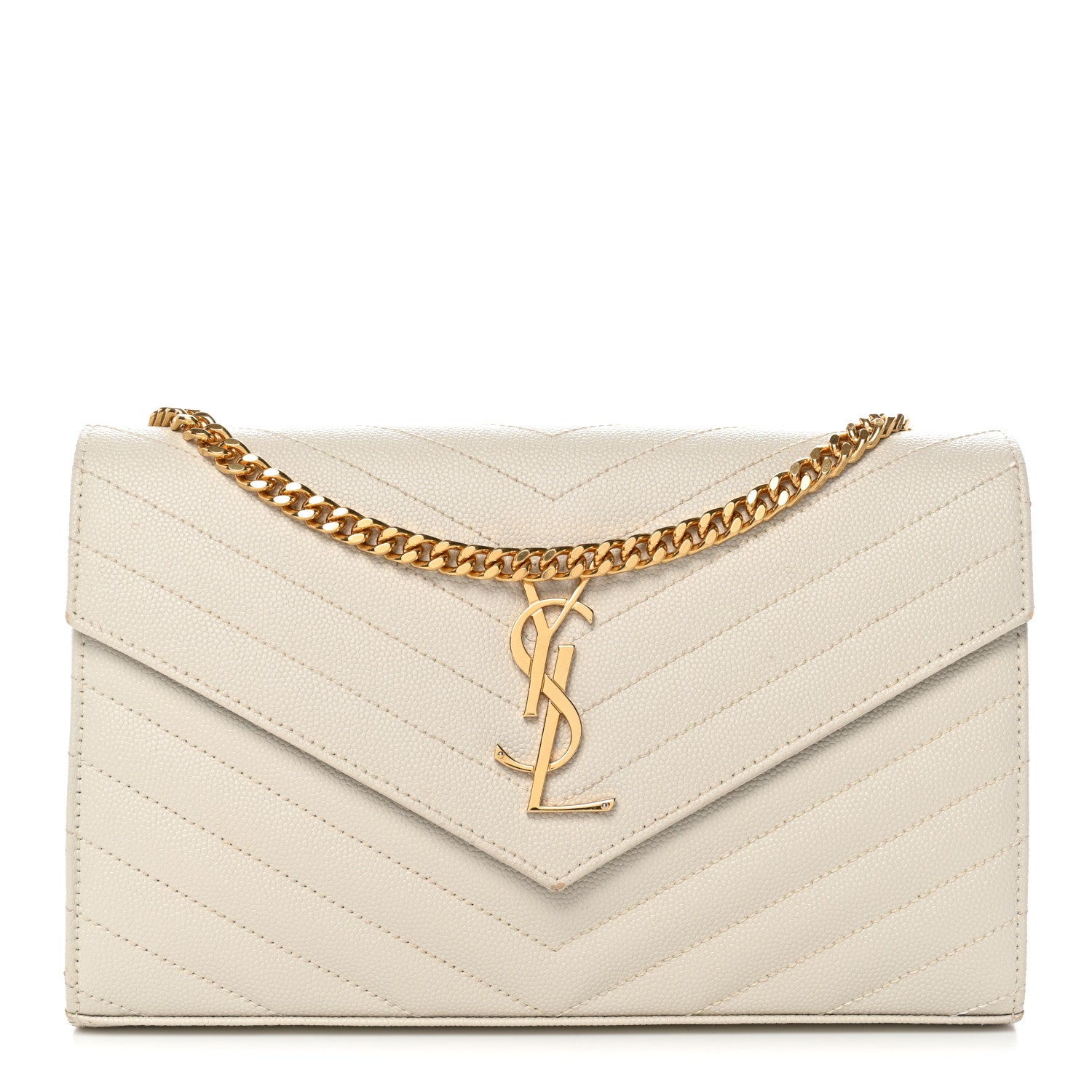 Saint Laurent Grain De Poudre Matelasse Chevron Monogram Chain Wallet Crema Soft 1 of 12
