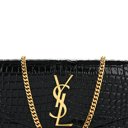 Saint Laurent Calfskin Crocodile Embossed Monogram Uptown Chain Wallet Black 10 of 16