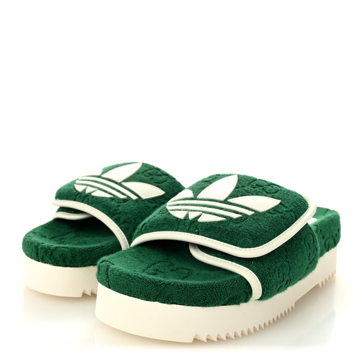 X ADIDAS Terry Cloth Trefoil GG Monogram Womens Platform Sandals 37 Green Off White