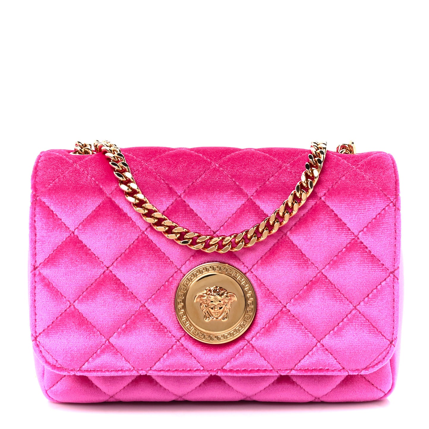 Velvet Quilted Medusa Chain Crossbody Pink