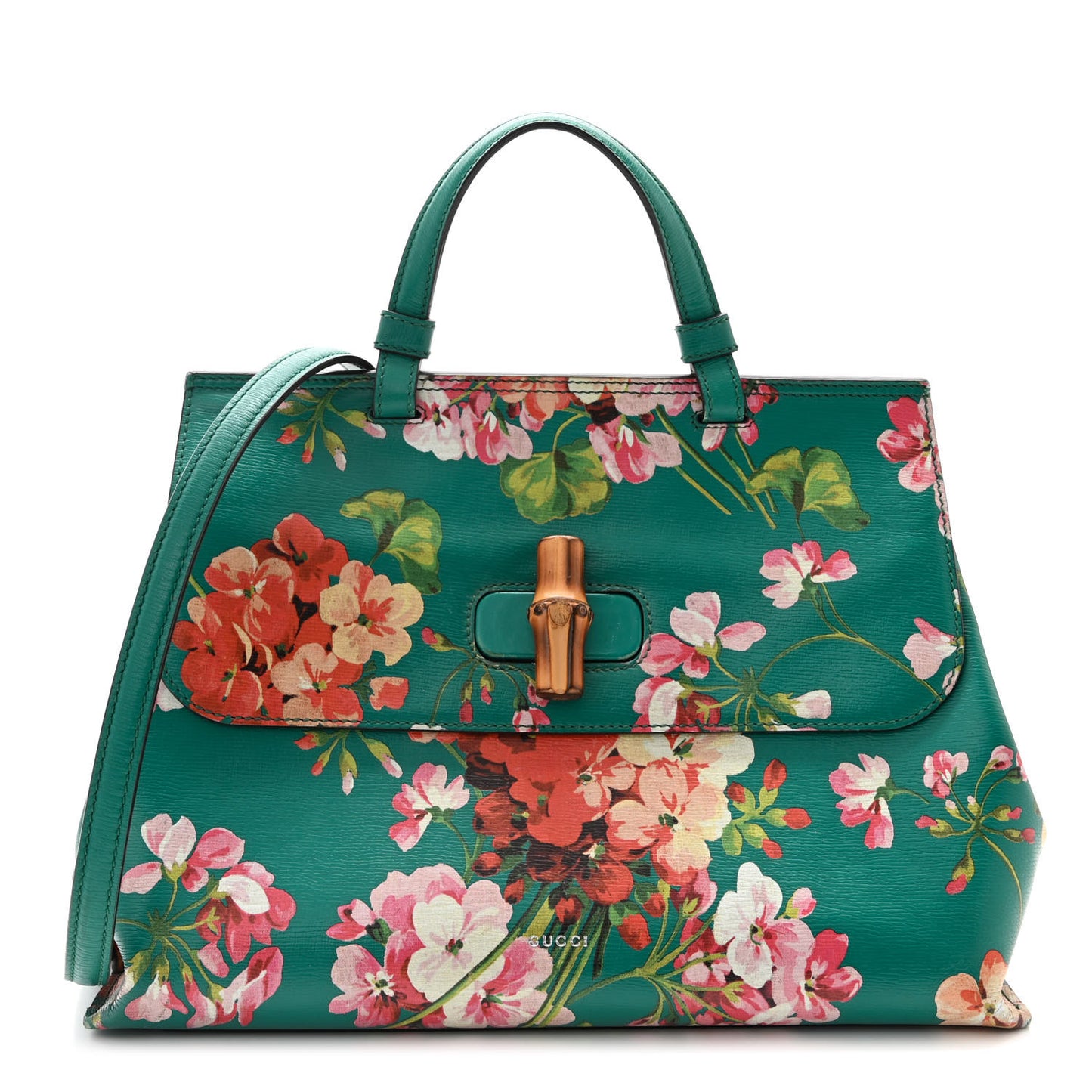 Shangai Calfskin Blooms Print Medium Bamboo Daily Top Handle Bag Clear Bright Emerald Multicolor