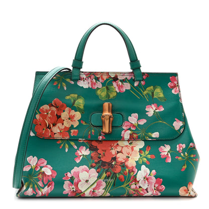 Gucci Shangai Calfskin Blooms Print Medium Bamboo Daily Top Handle Bag Clear Bright Emerald Multicolor 1 of 10