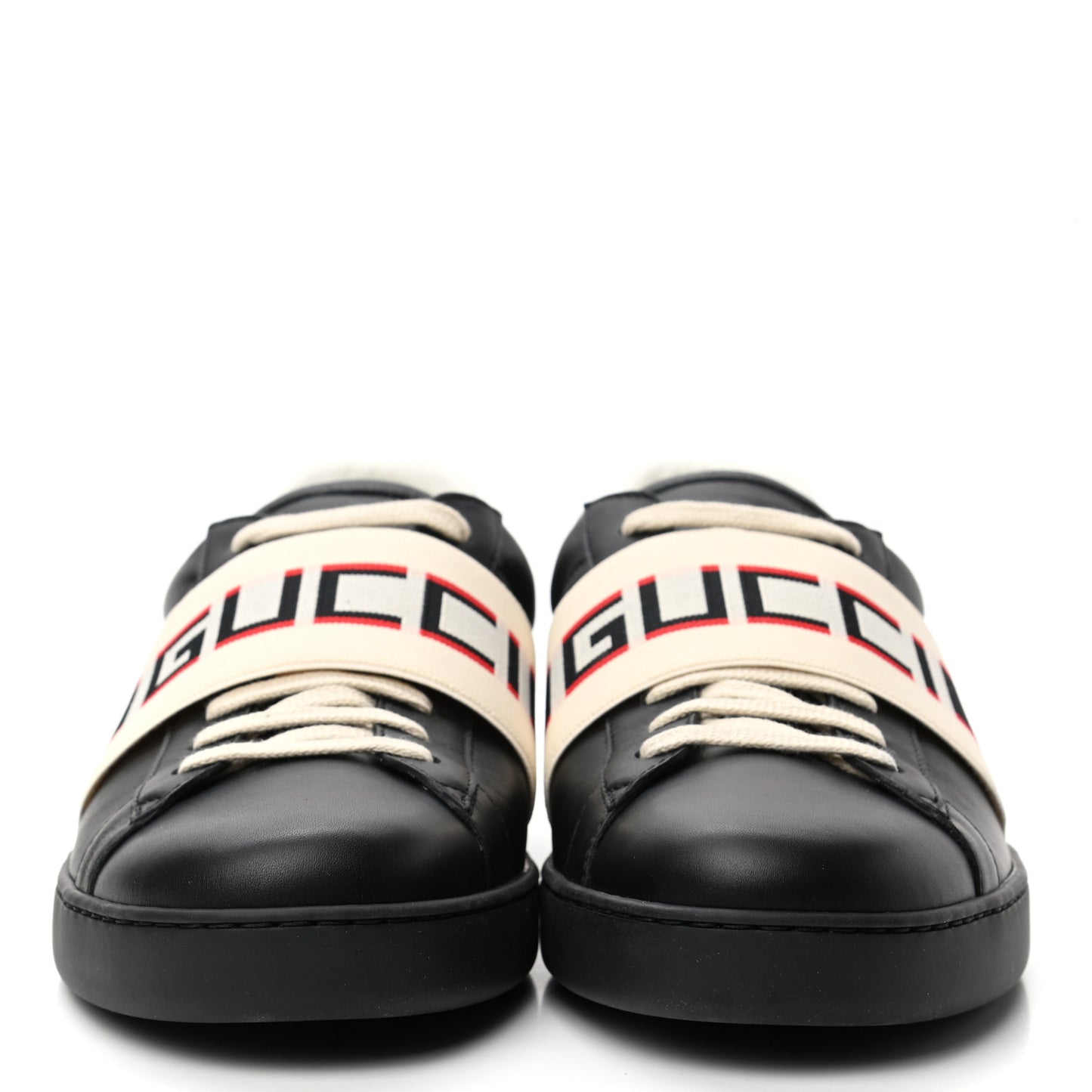 Calfskin Stripe Mens New Ace Sneakers 10 Black Ecru Red Flame