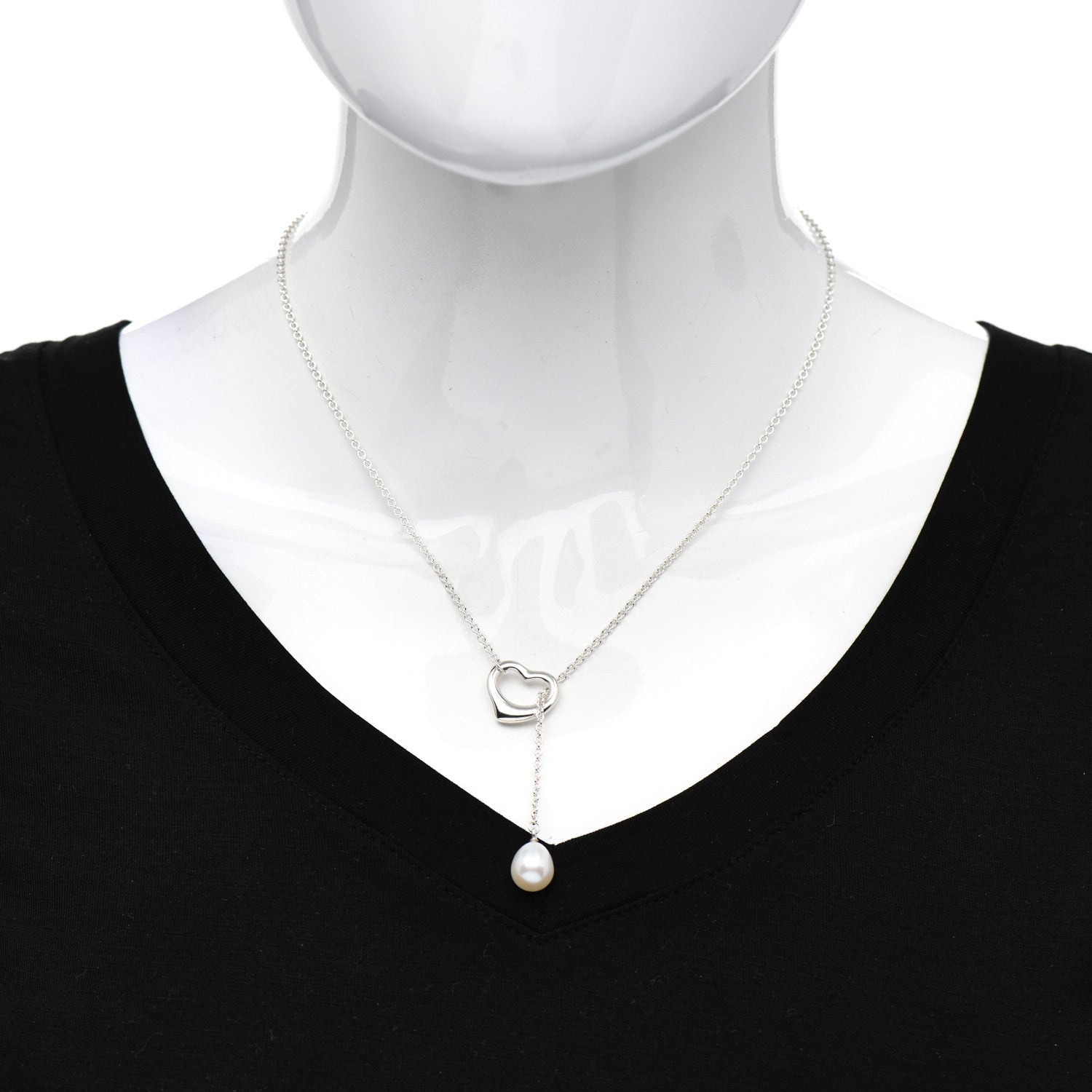 Tiffany Sterling Silver Pearl 9-9.5mm Elsa Peretti Open Heart Lariat Necklace 2 of 4