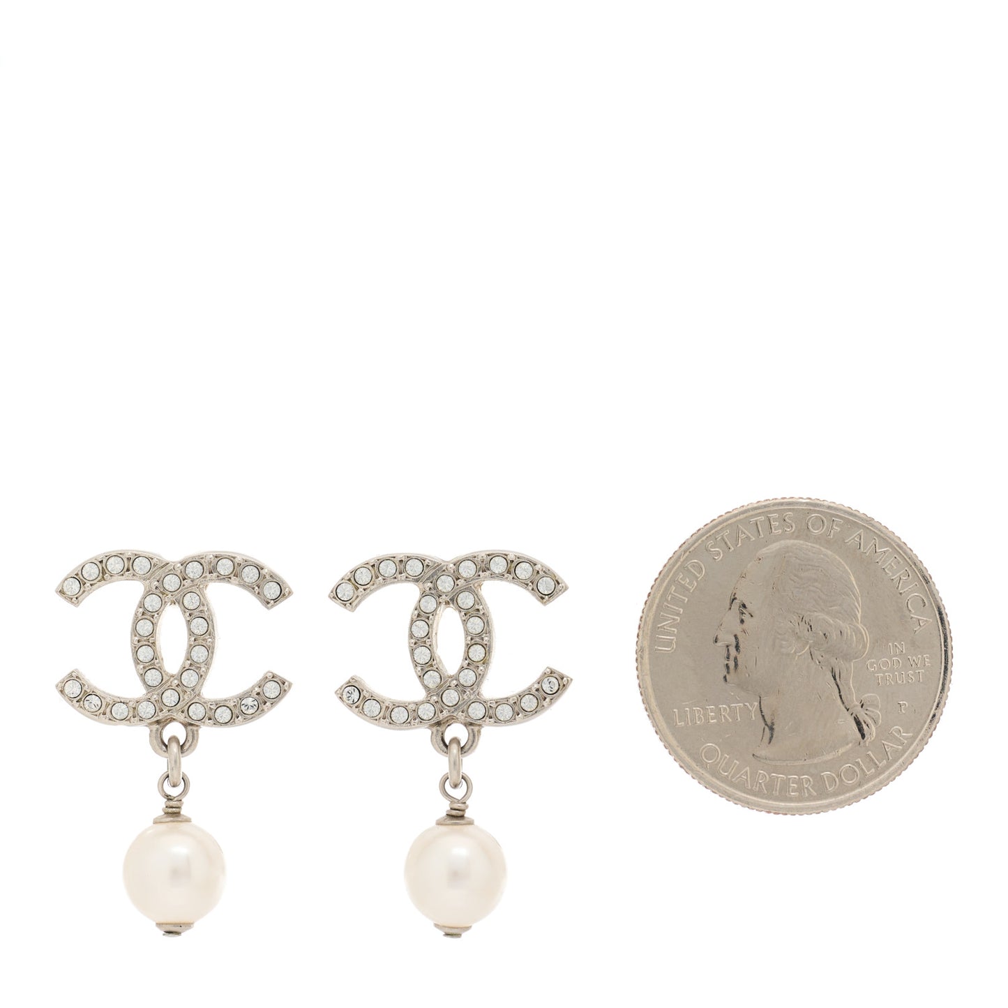 Pearl Crystal CC Drop Earrings Silver Pearly White