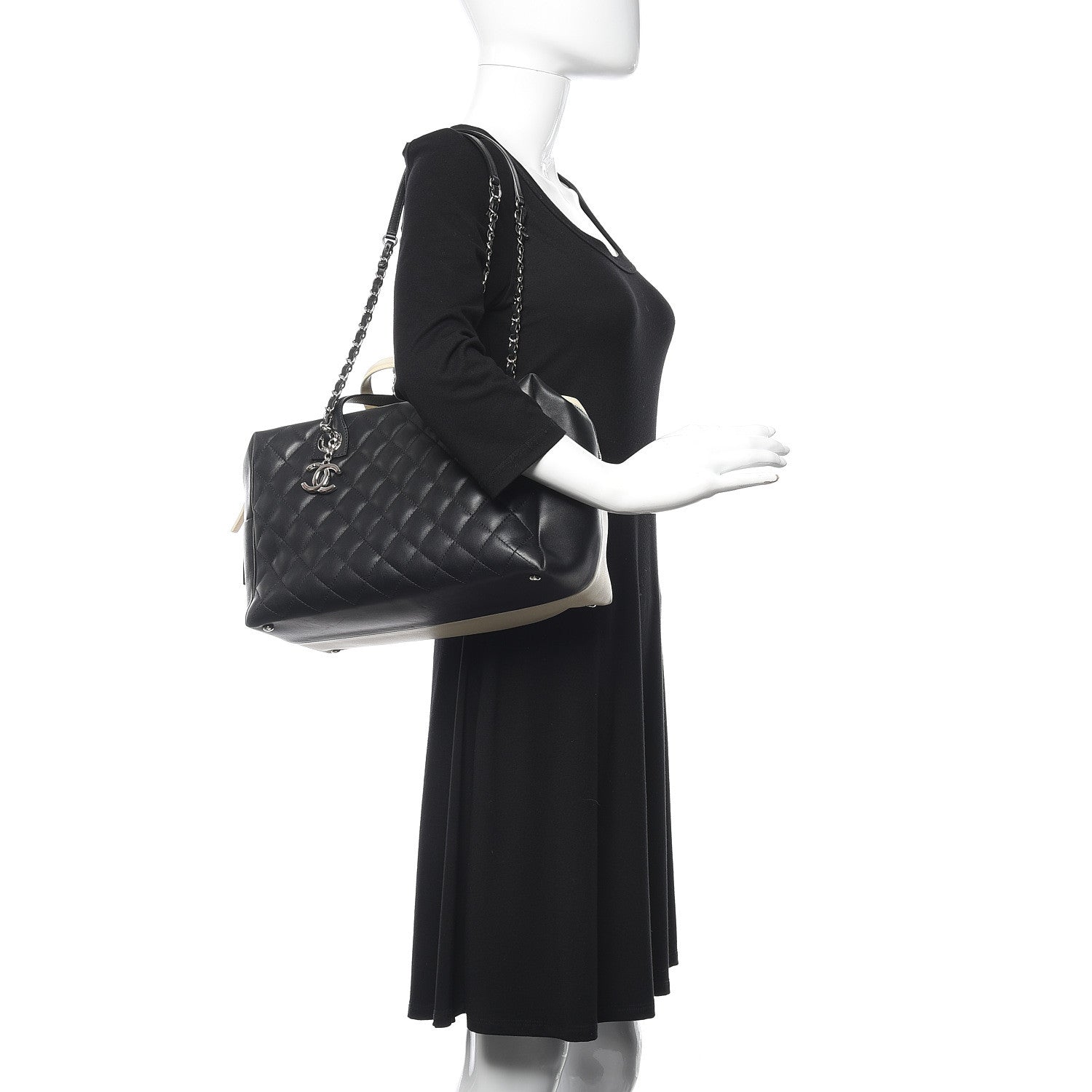 Chanel Calfskin Quilted Feather Weight Bowling Bag Black Beige 2 of 12