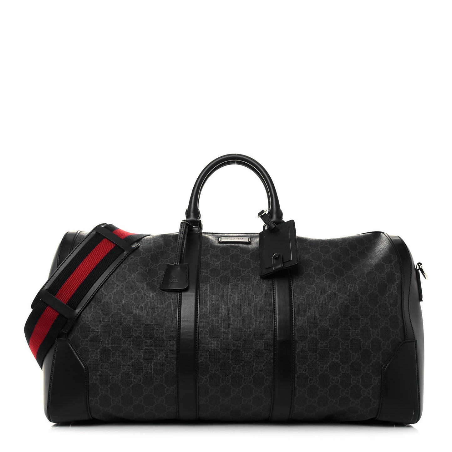 Soft GG Supreme Monogram Appia Calfskin Web Large Carry On Duffle Bag Black Grey