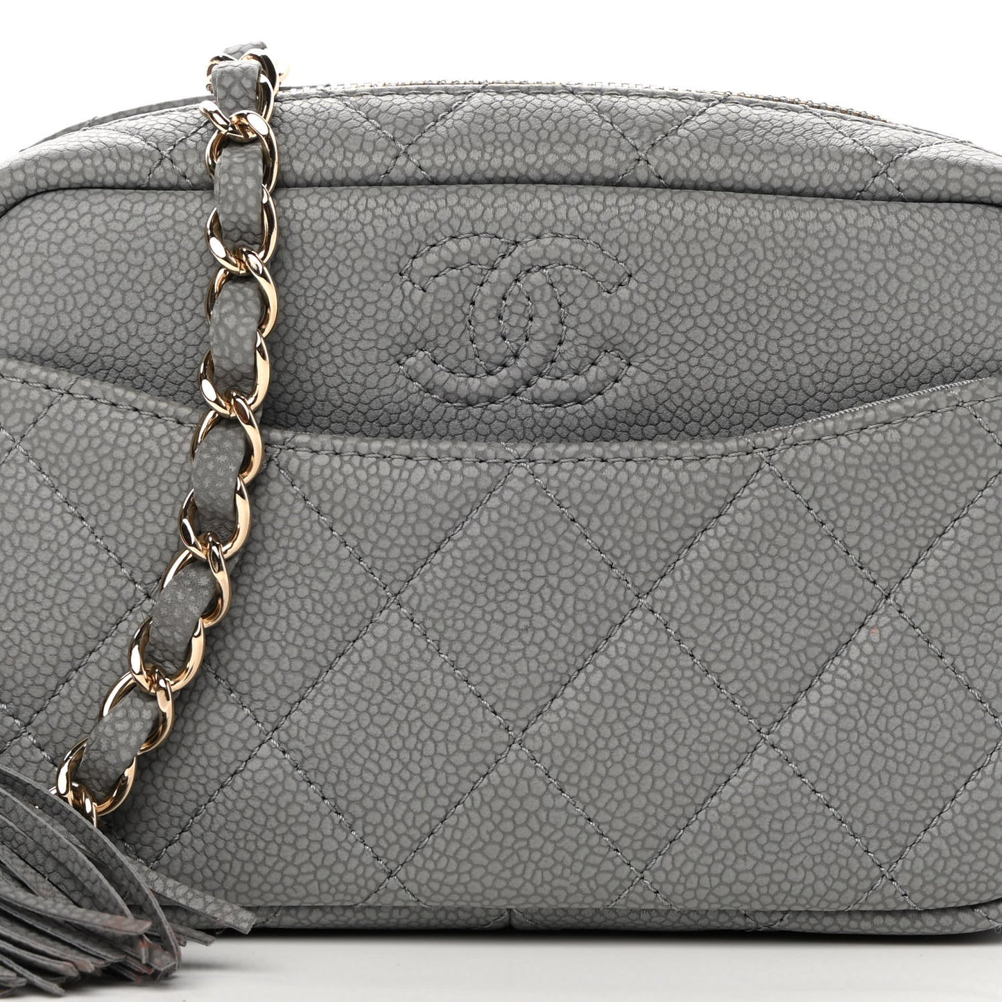 Caviar Quilted Mini Coco Tassel Camera Case Grey