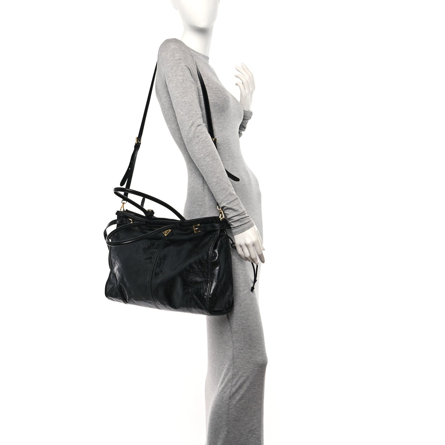 Glossy Calfskin Triangle Large Bonnie Shoulder Bag Black