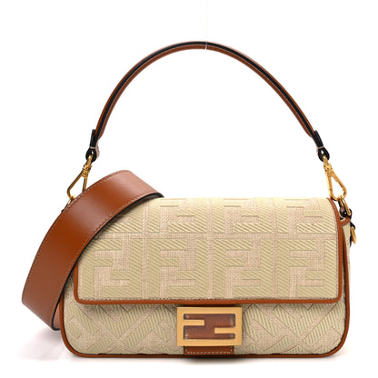 Fendi Raffia Vitello King Lucido FF Embroidered Baguette Alchemy Brandy 1 of 10