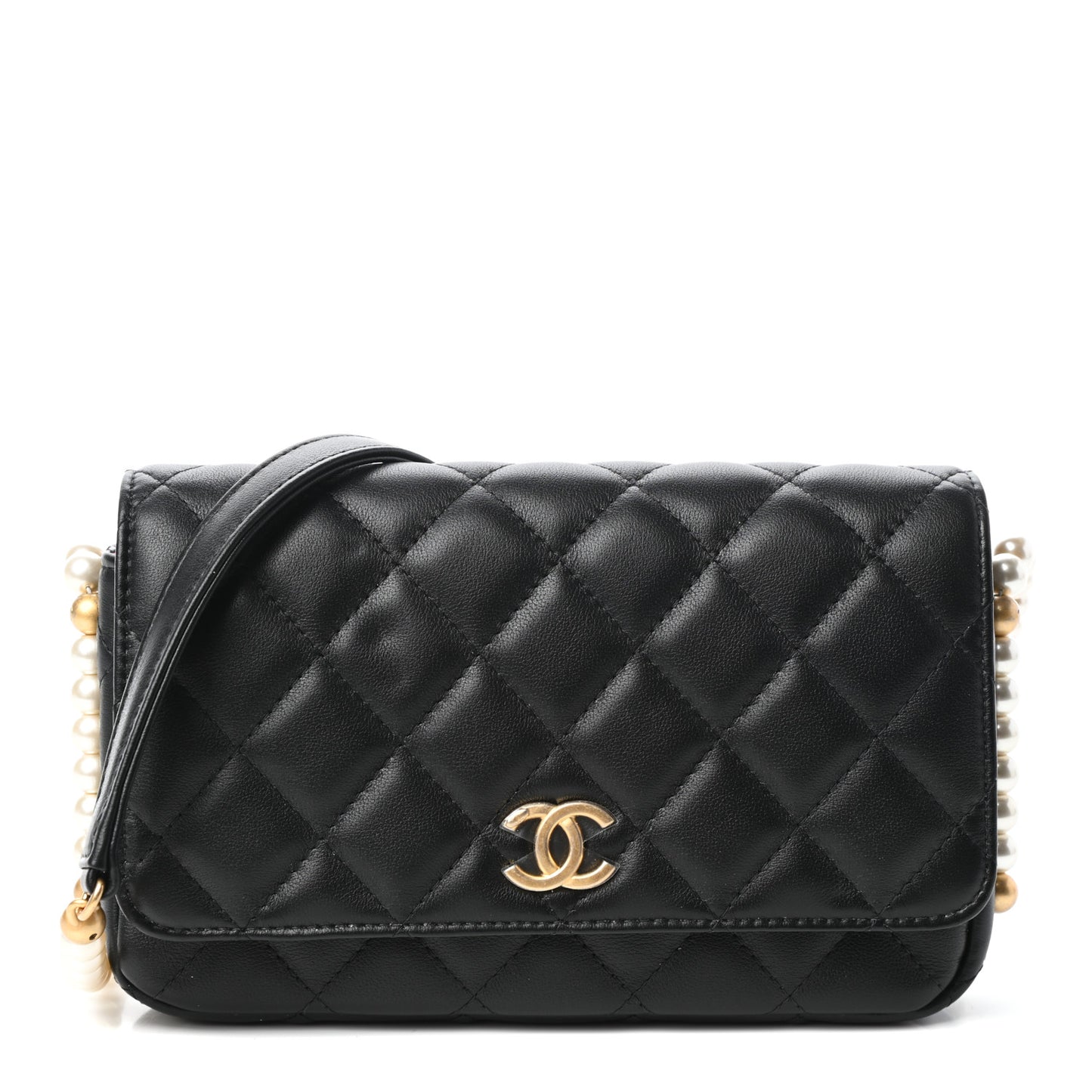 Calfskin Quilted Pearl Wallet On Chain WOC Black