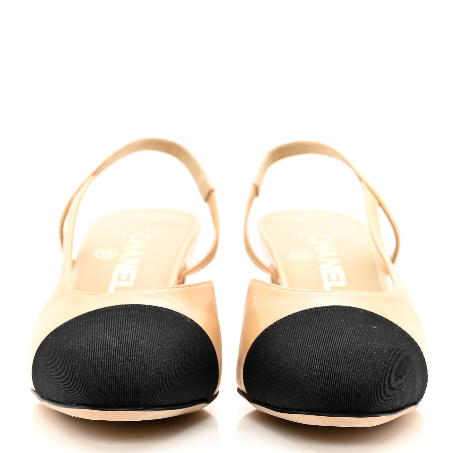 Goatskin Grosgrain Cap Toe CC Slingback Pumps 38 Beige Black