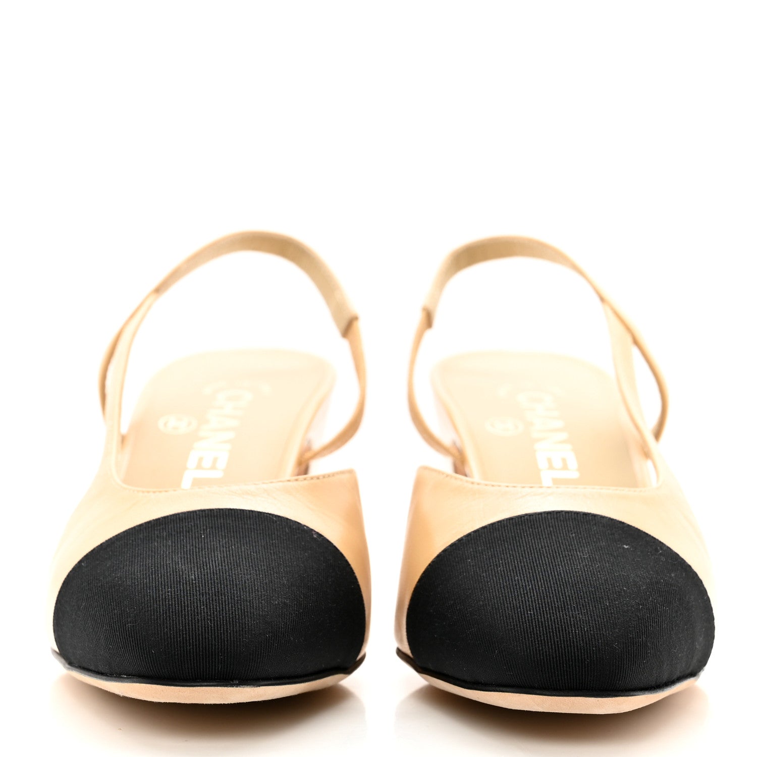 Chanel Goatskin Grosgrain Cap Toe CC Slingback Pumps 38 Beige Black 2 of 8
