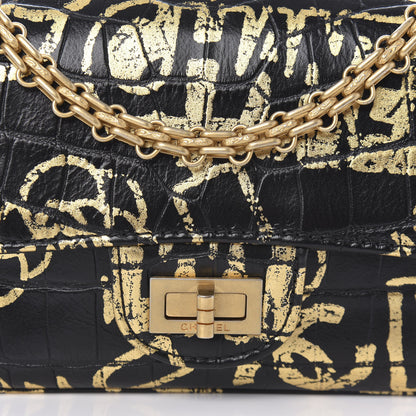 Chanel Calfskin Crocodile Embossed Graffiti 2.55 Mini Cocodile Reissue Flap Black Gold 10 of 10