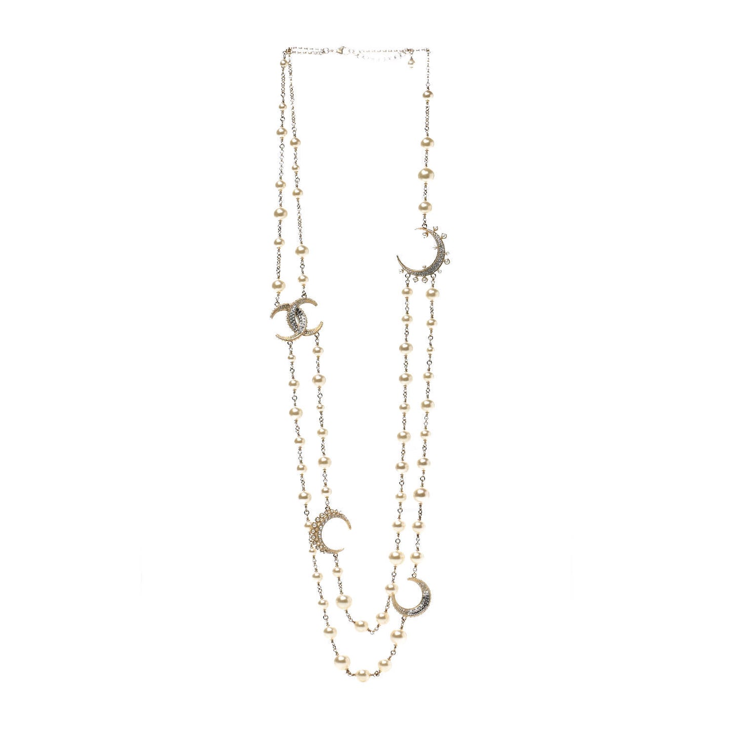 Pearl Baguette Crystal CC Moon Long Necklace Silver