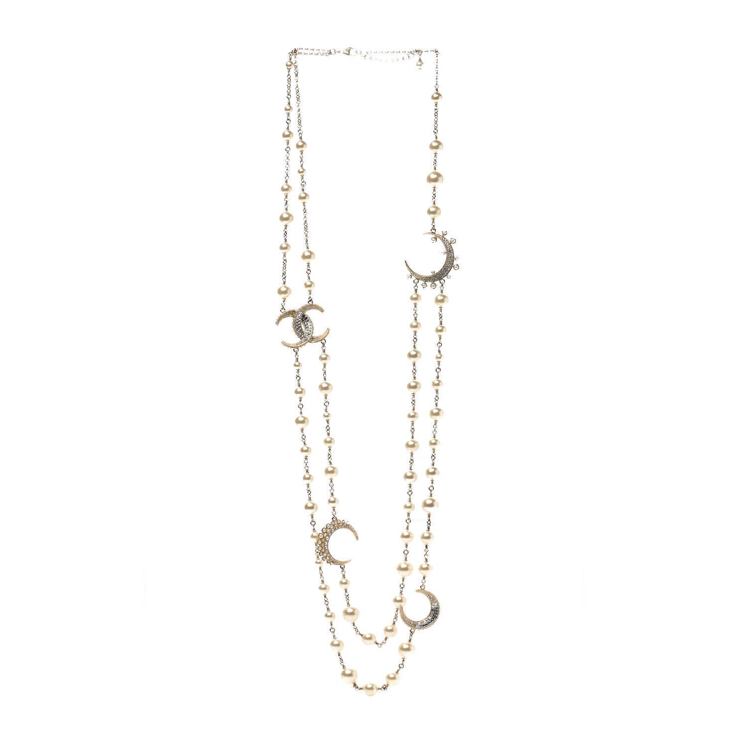 Chanel Pearl Baguette Crystal CC Moon Long Necklace Silver 3 of 5