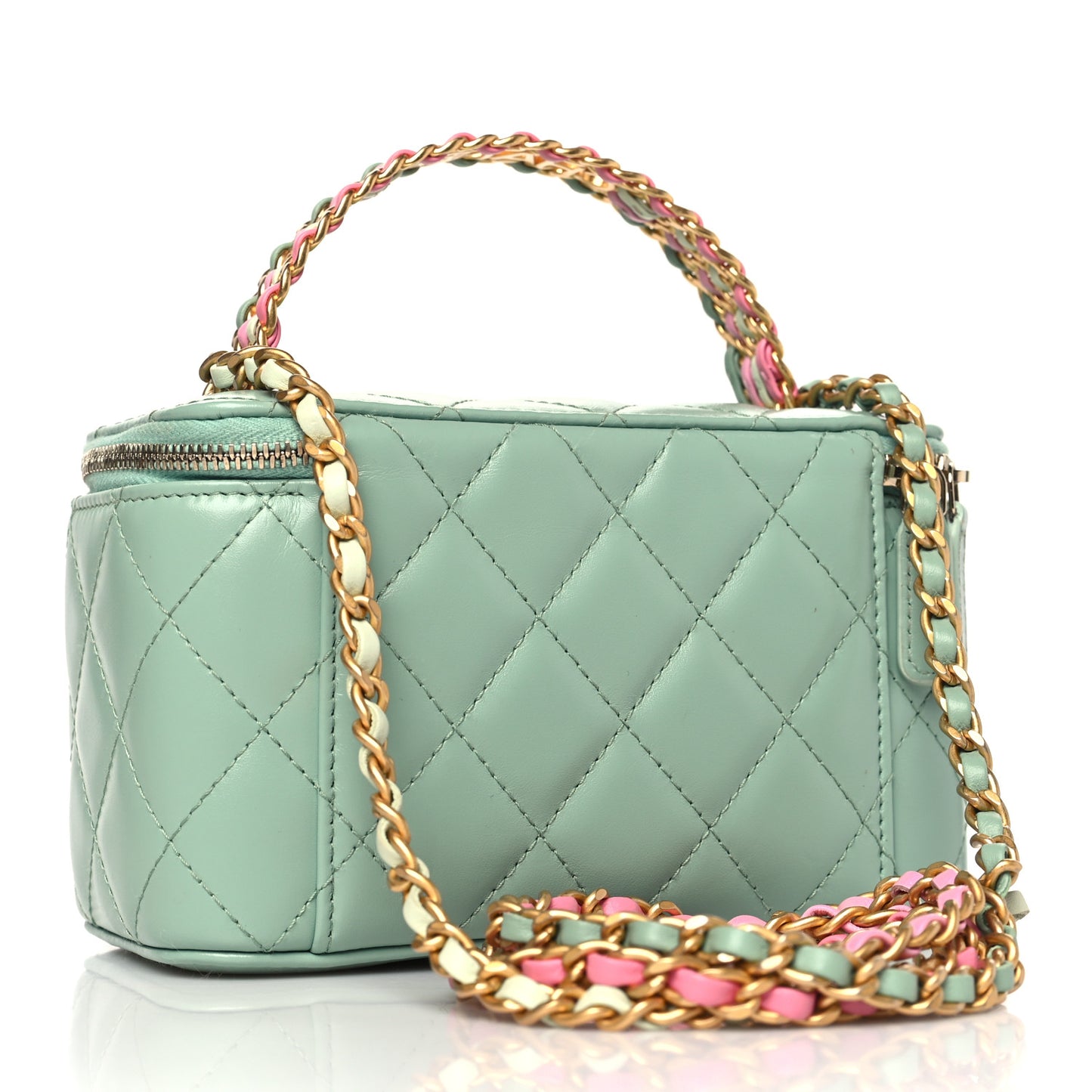 Shiny Calfskin Quilted Small Top Handle Vanity Case With Chain Light Green