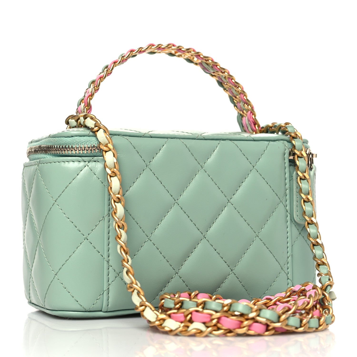 Chanel Shiny Calfskin Quilted Small Top Handle Vanity Case With Chain Light Green 3 of 12