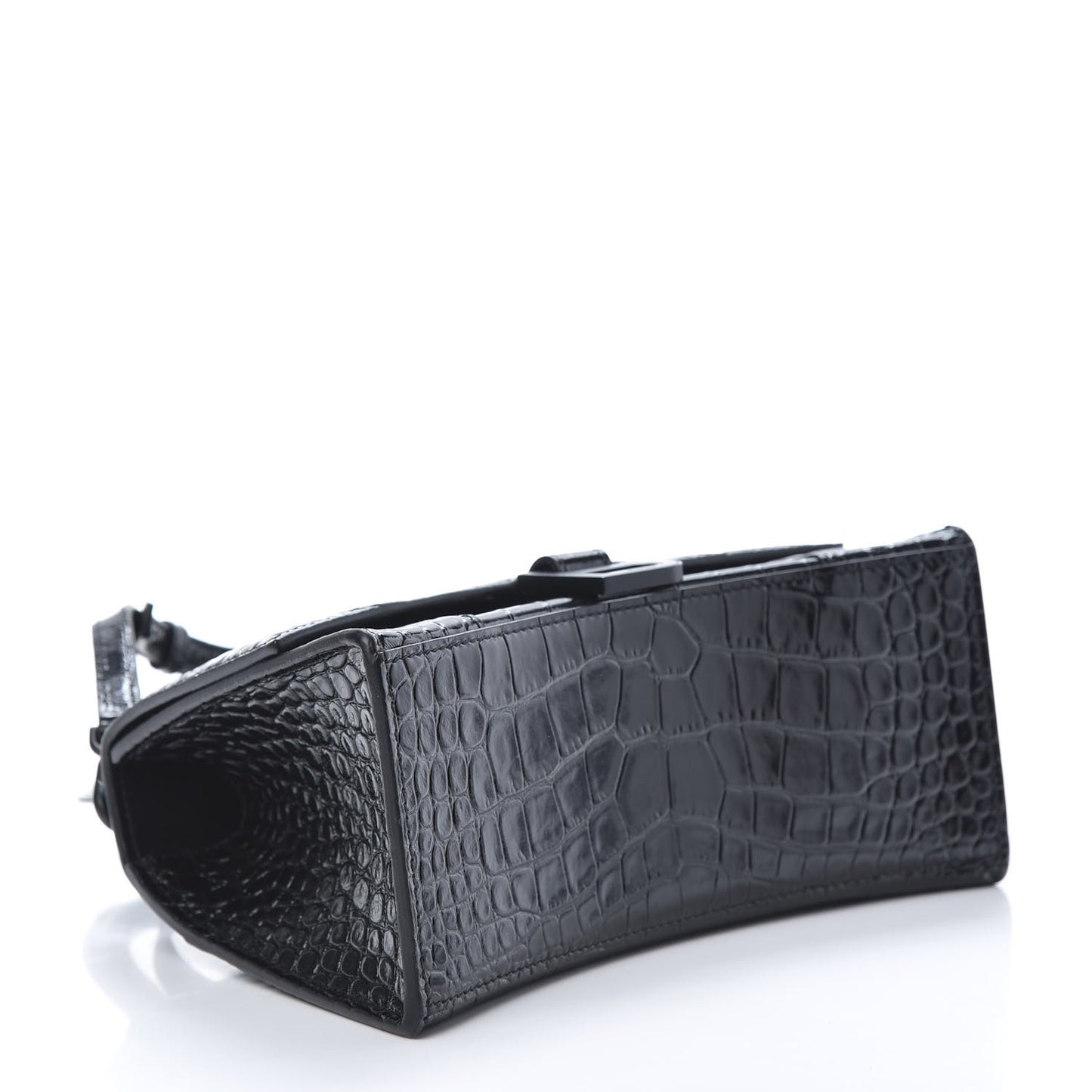 Shiny Calfskin Monochrome Crocodile Embossed Small Hourglass Top Handle Bag Black