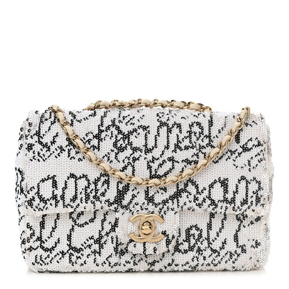 Chanel Sequin Logo Mini Rectangular Flap White Black 1 of 10