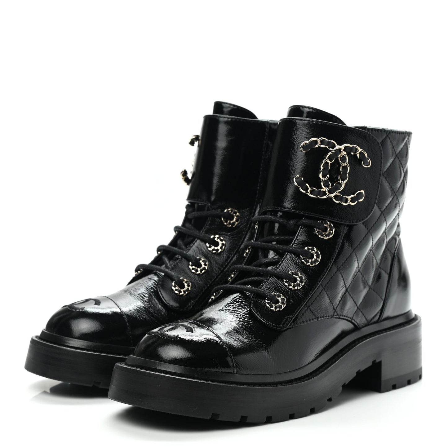 Shiny Calfskin Quilted Lace Up Combat Boots 35 Black