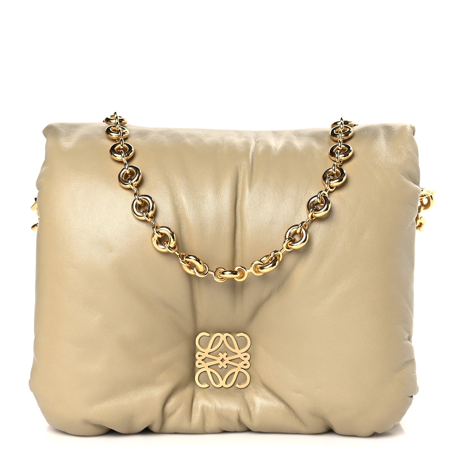 front view image of a LOEWE Lambskin Goya Puffer Bag in the color Clay Green by FASHIONPHILE
