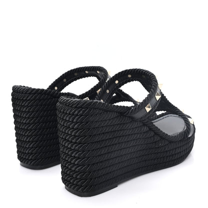 Valentino Garavani Calfskin Rockstud Torchon Espadrille Caged 25/90mm Wedge Sandals 38 Black 5 of 9