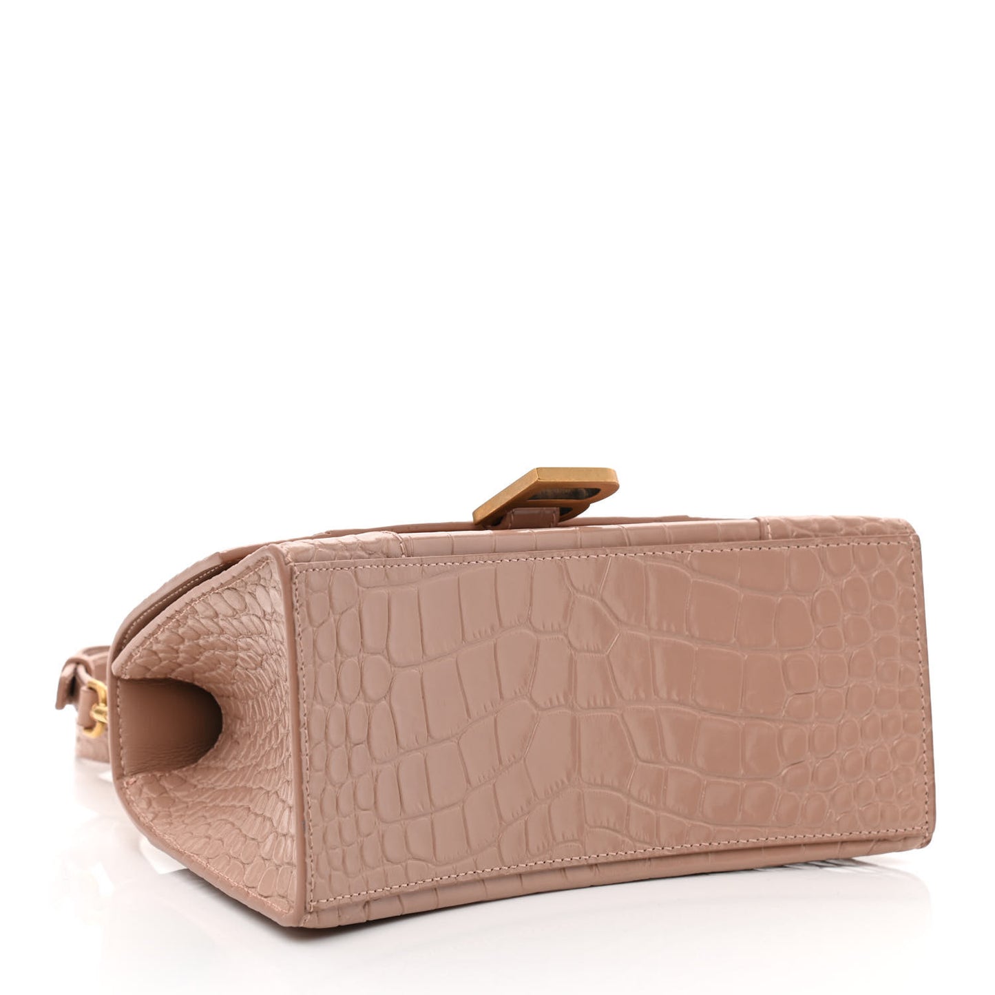 Shiny Calfskin Crocodile Embossed Small Hourglass Top Handle Bag Nude Beige