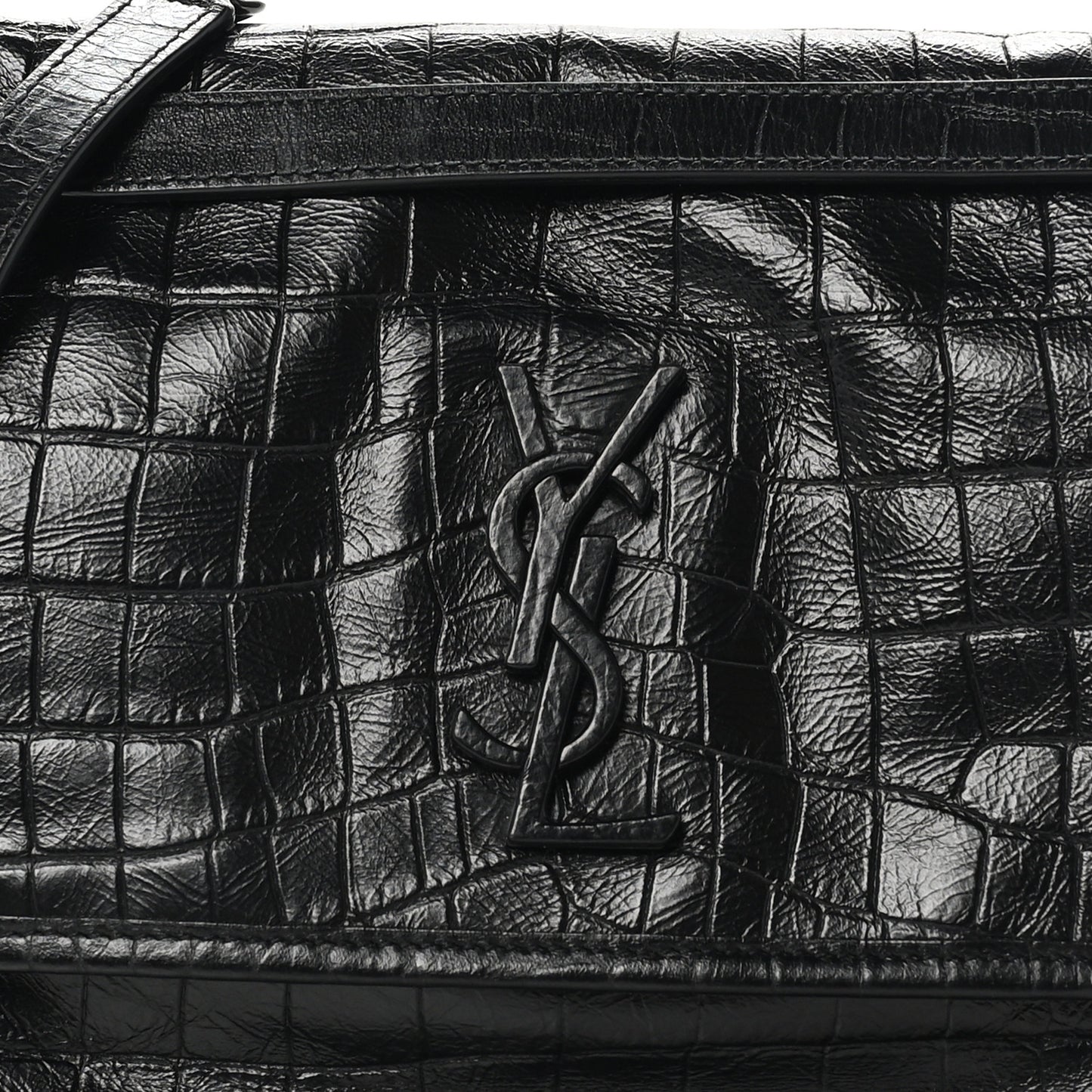 Crocodile Embossed Lambskin Monogram Medium Niki Chain Satchel Black