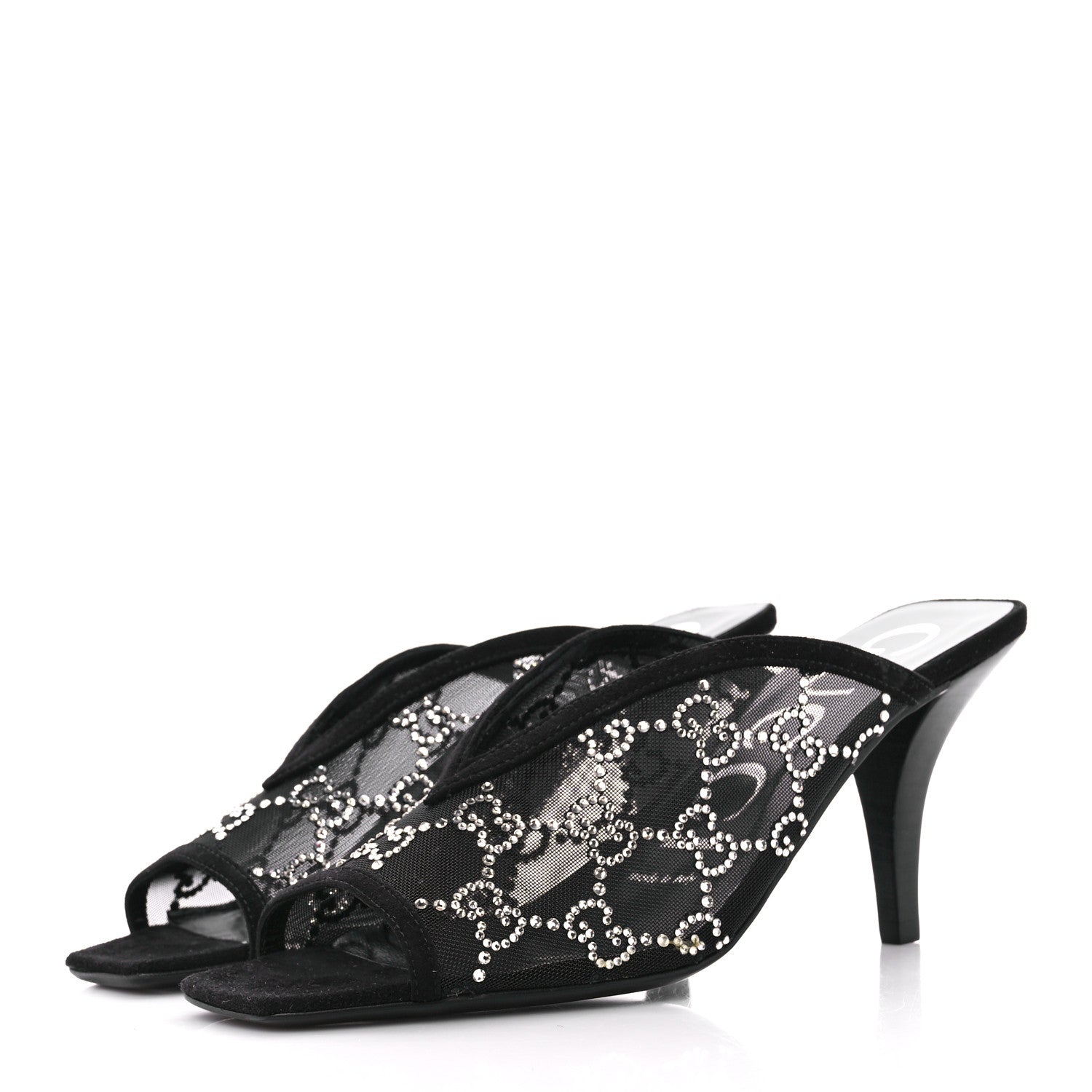 Gucci Tela Retino Kid Scamosciato Crystal GG Monogram Square G 95mm Slide Sandals 36.5 Black 2 of 10