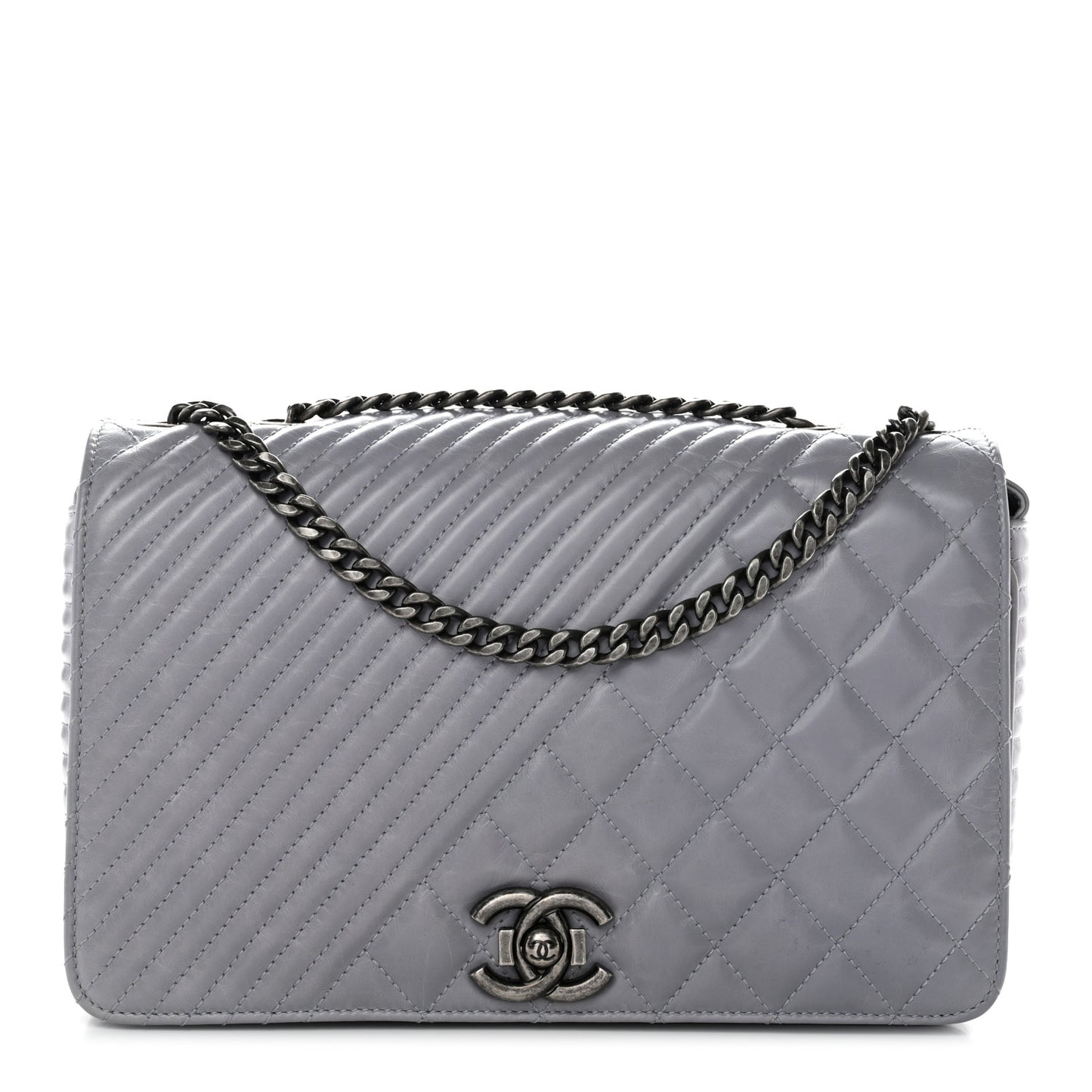 Glazed Calfskin Quilted Medium Coco Boy Flap Light Grey