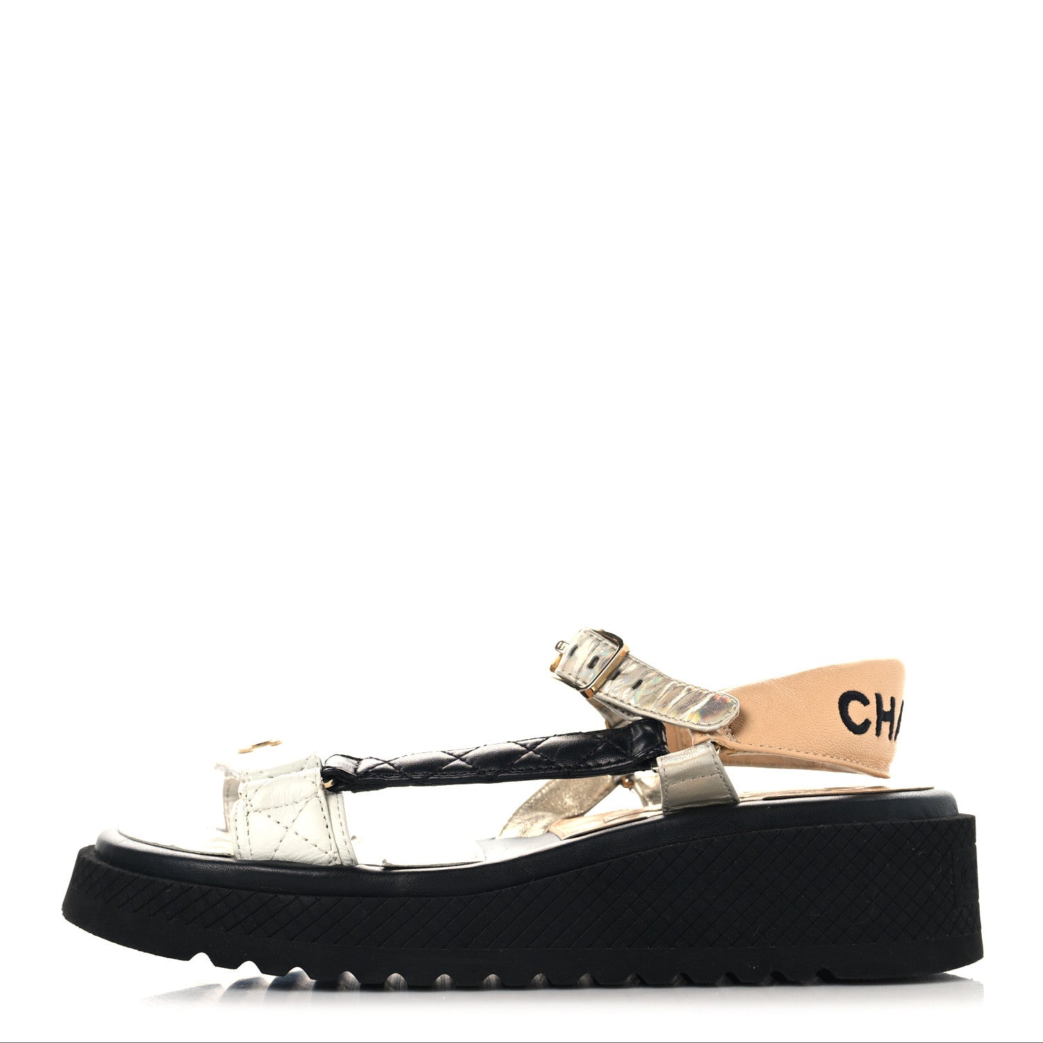 Chanel Lambskin Logo Platform Sandals 38.5 Beige Gold White 1 of 9