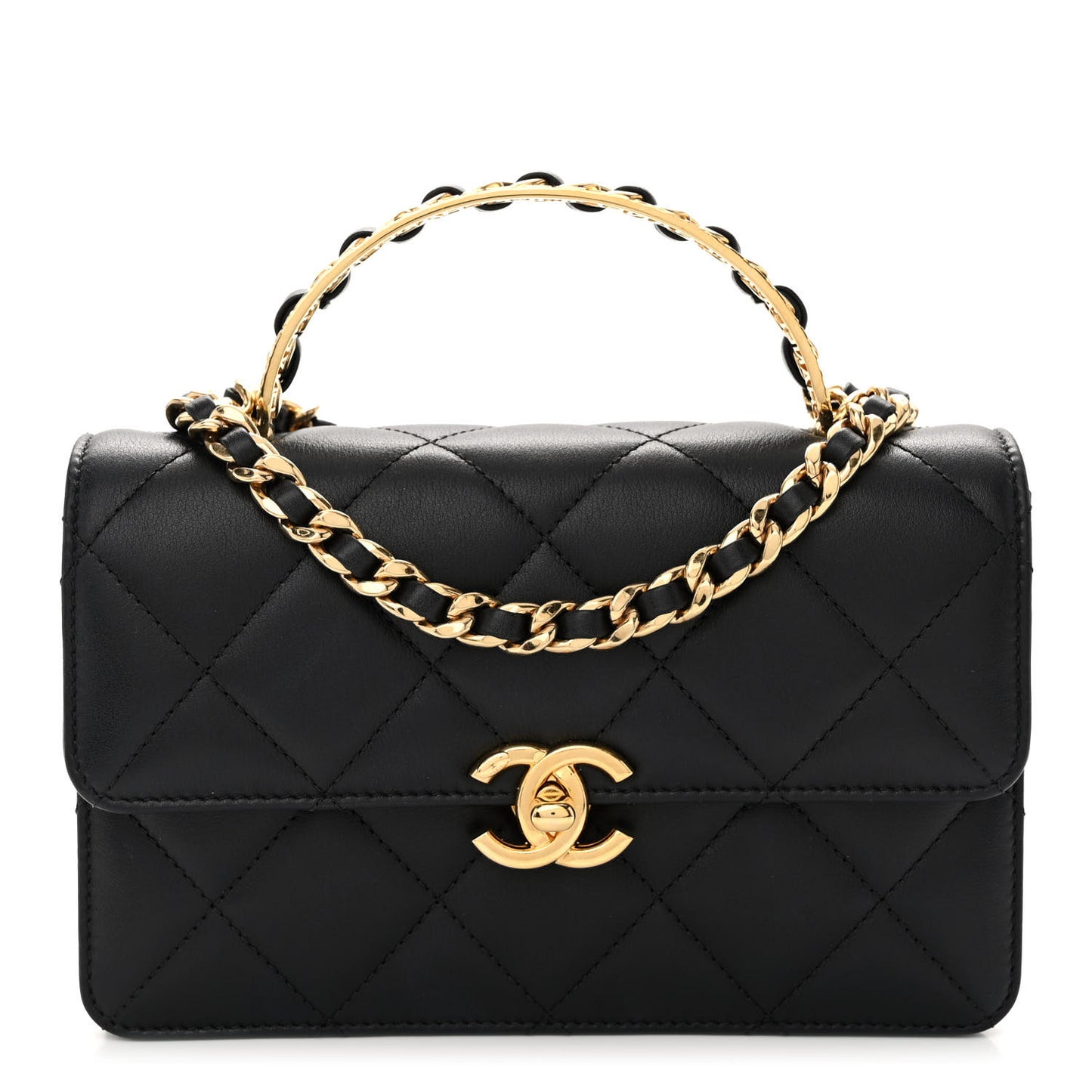 Lambskin Quilted Chain Logo Top Handle Flap Black