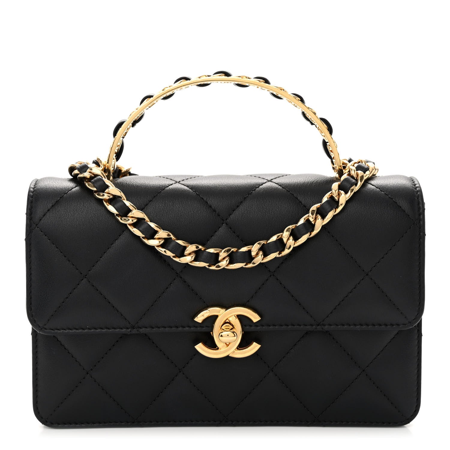Chanel Lambskin Quilted Chain Logo Top Handle Flap Black 1 of 11
