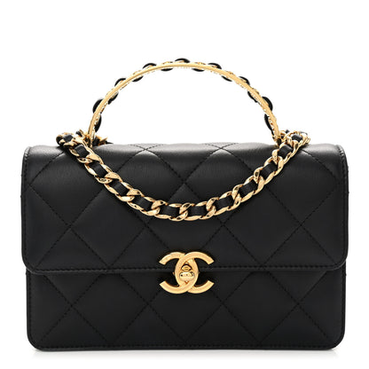 Chanel Lambskin Quilted Chain Logo Top Handle Flap Black 1 of 11