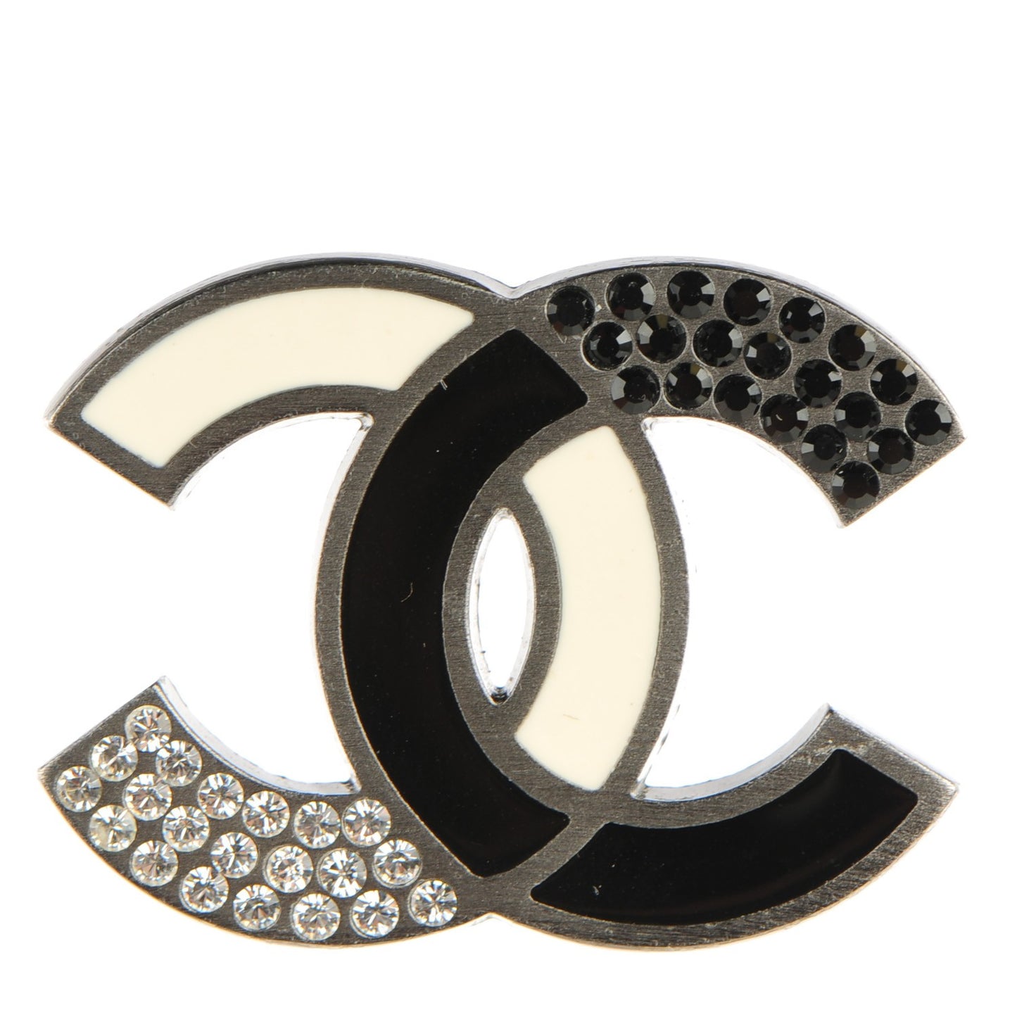 Enamel Crystal CC Brooch Black Off White