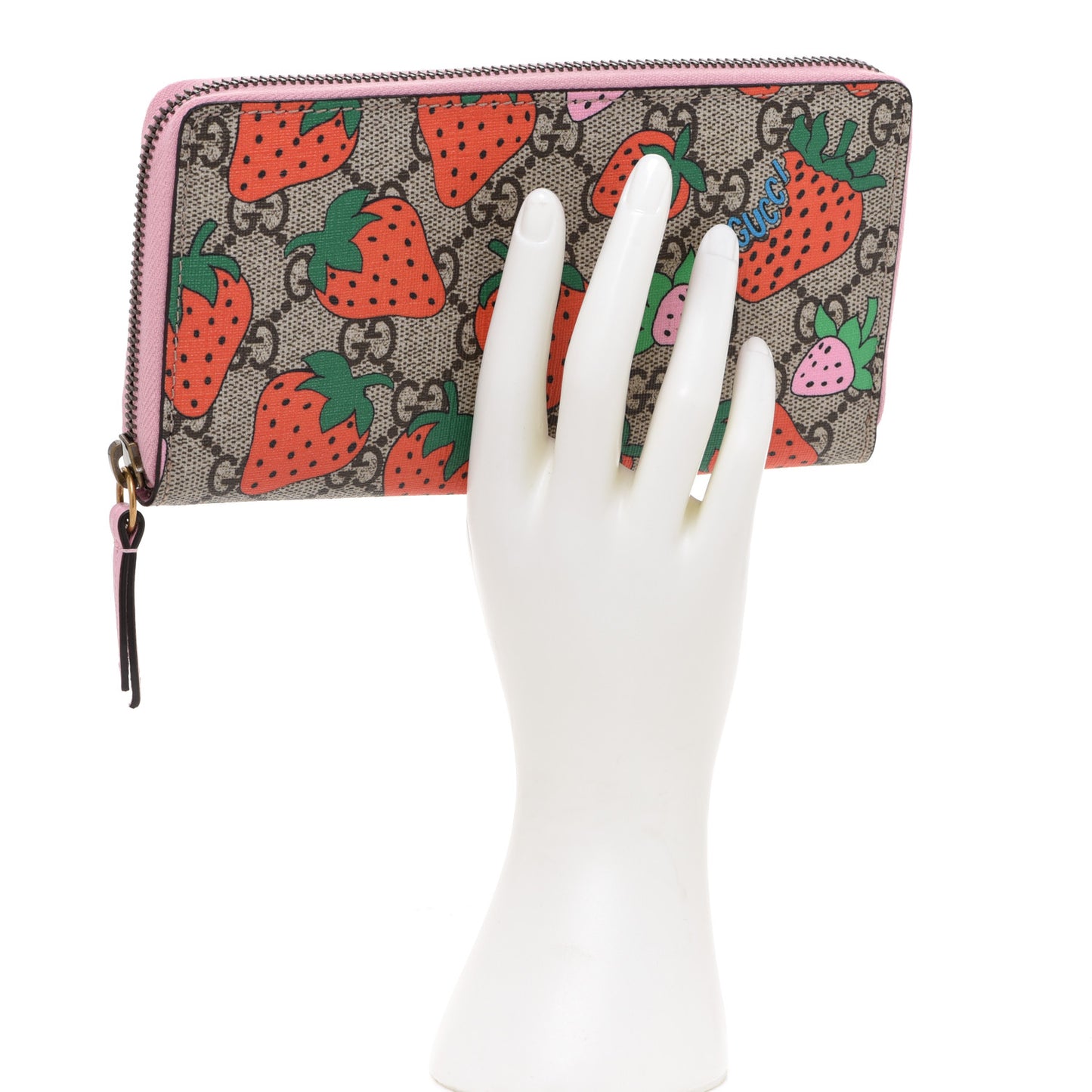 GG Supreme Monogram Strawberry Zip Around Wallet Light Pink