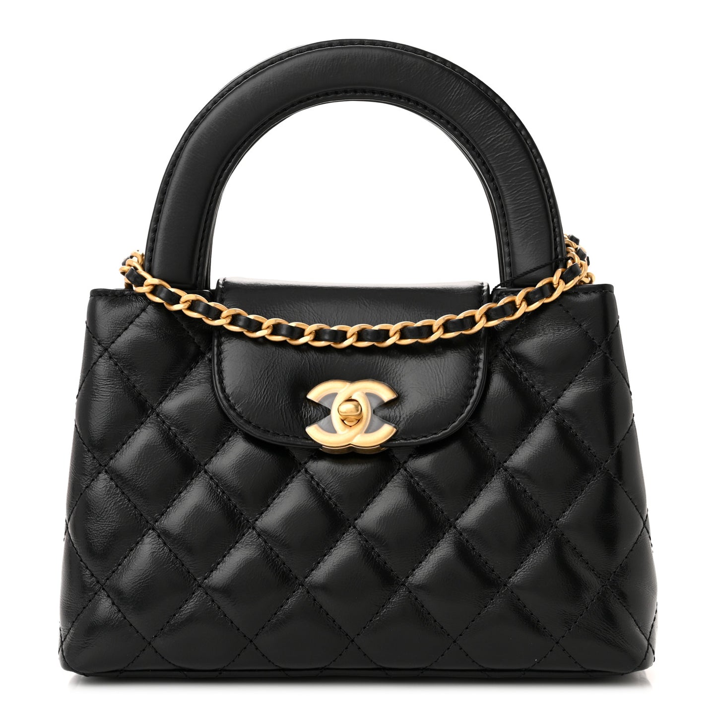 Shiny Aged Calfskin Quilted Nano Kelly Shopper Black