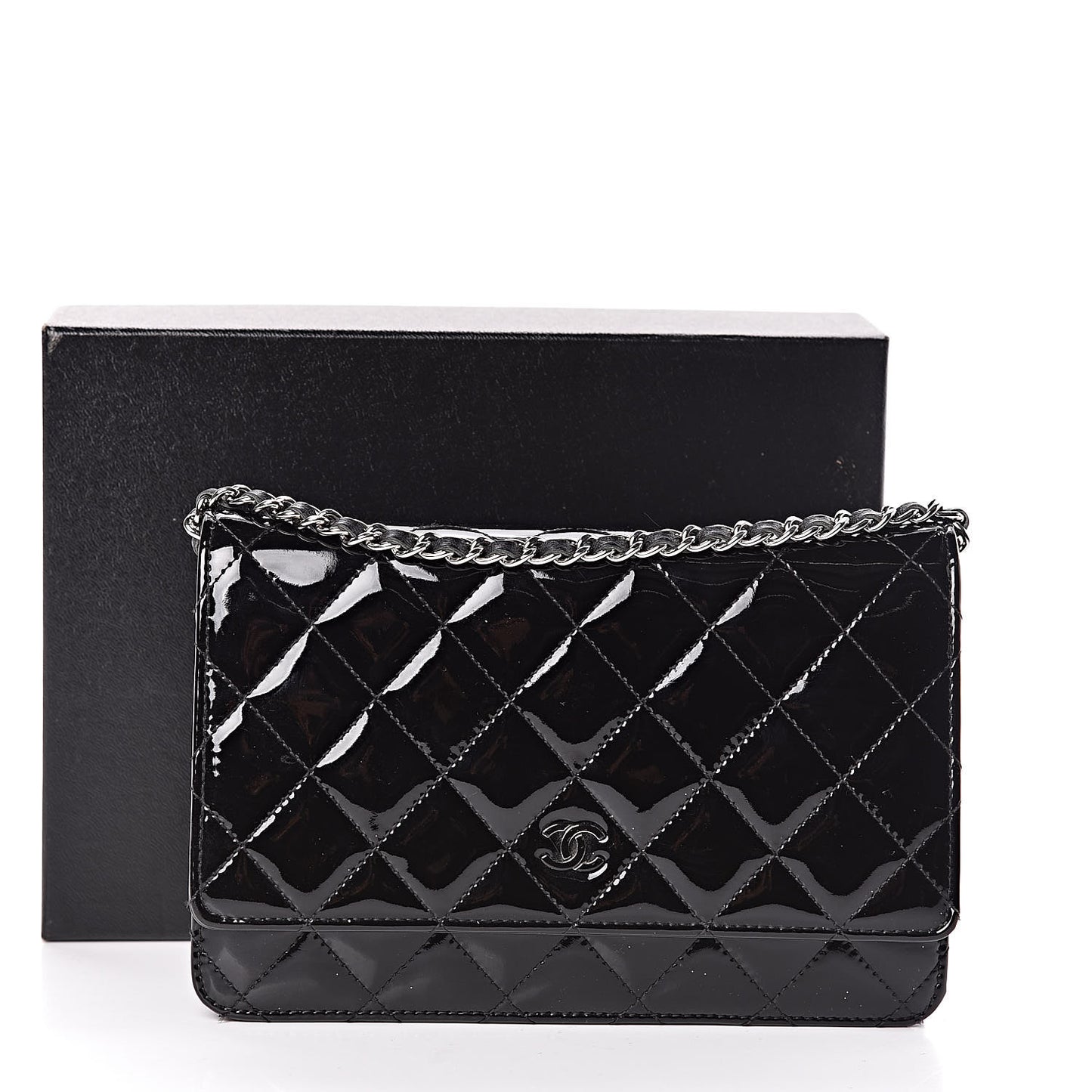 Patent Quilted Wallet On Chain WOC Black