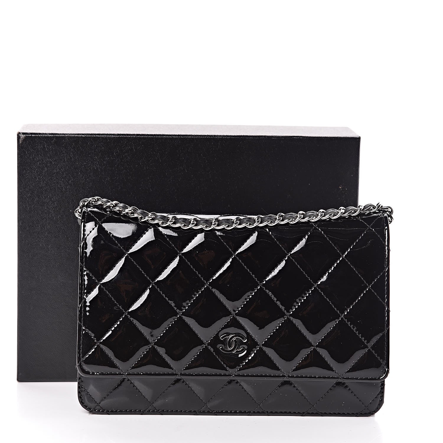 Chanel Patent Quilted Wallet On Chain WOC Black 12 of 12