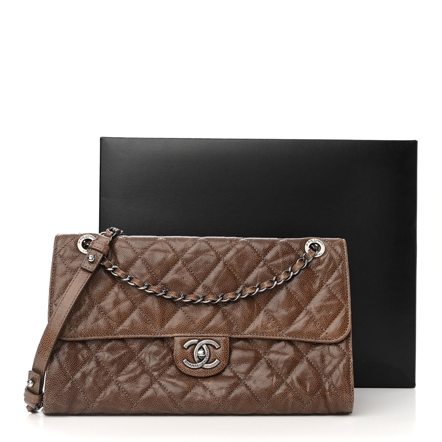 Crumpled Grained Calfskin Jumbo CC Crave Flap Brown