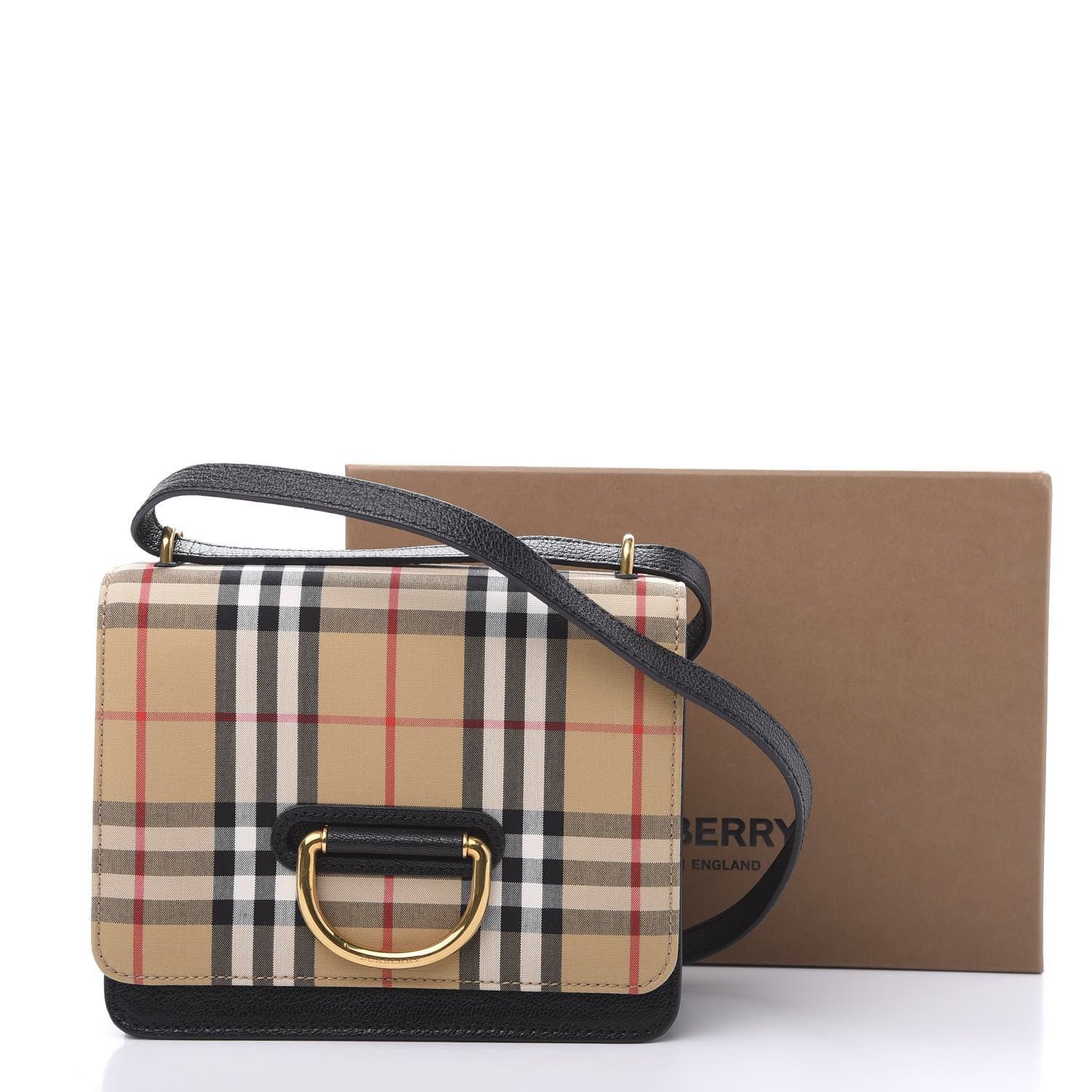 Burberry Goatskin Cotton Canvas Vintage Check Small D-Ring Bag Black Antique Yellow 13 of 13