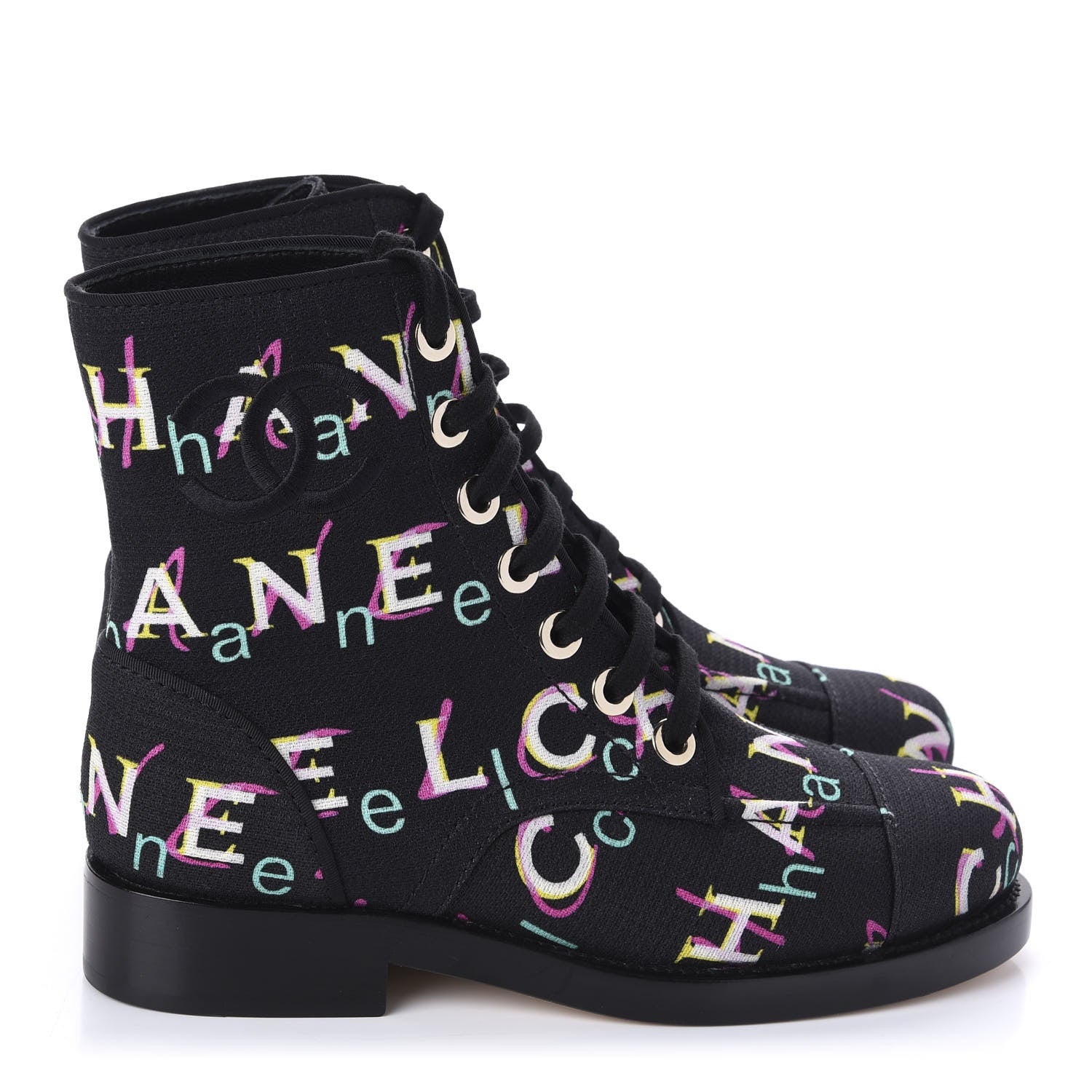 Chanel Tweed Lace Up Short Boots 35 Black Ecru Green Red 4 of 10