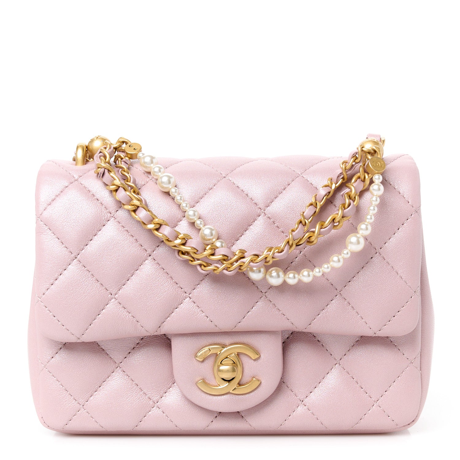 Chanel Shiny Lambskin Quilted Pearl Twist Mini Square Flap Light Pink 1 of 12