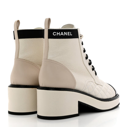 Chanel Pearly Calfskin Patent Calfskin Quilted Lace Up Boots 38.5 White Light Gray Black 4 of 16