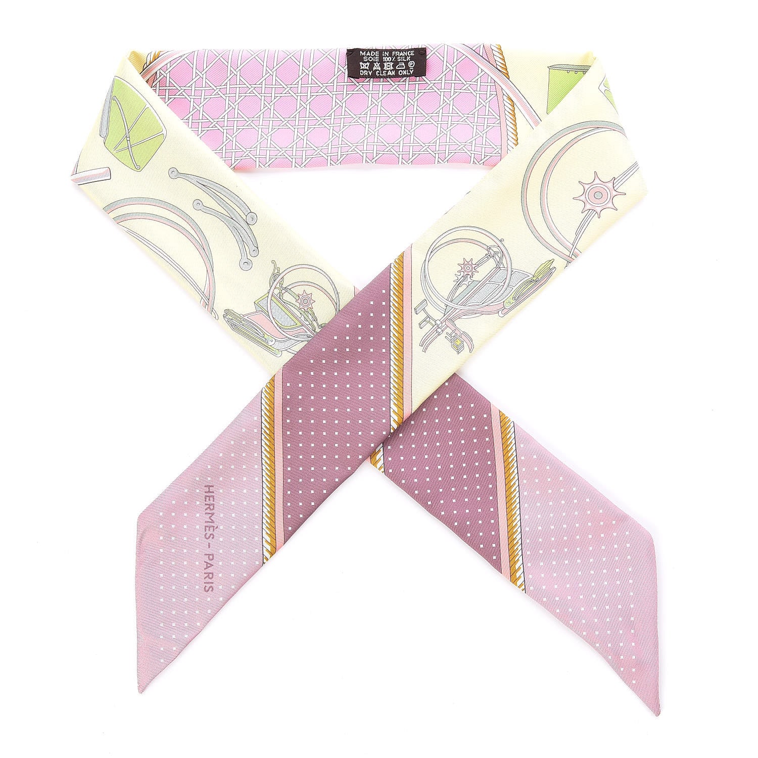 Hermes Silk Les Voitures A Transformation Twilly Jaune Soufre Vieux Rose Vert 1 of 4