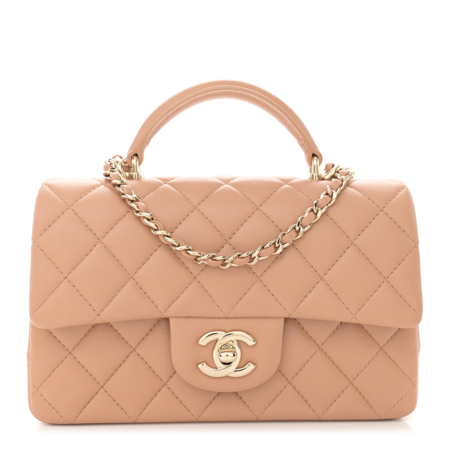 Lambskin Quilted Mini Top Handle Rectangular Flap Beige